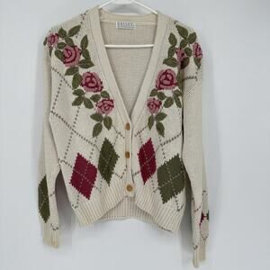 Ralsey Sweater Womens Large Floral Argyle Button Cardigan Vintage Style Knit